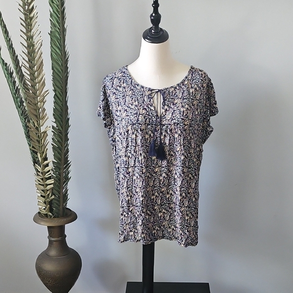 Maurices Navy Blue Floral Print Tie Neck Blouse - Picture 1 of 12